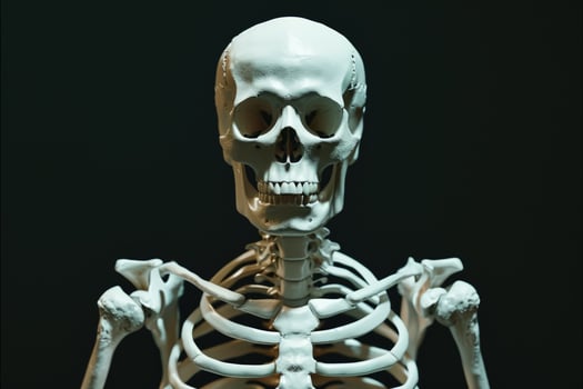 A skeleton is standing in front of a black background photo