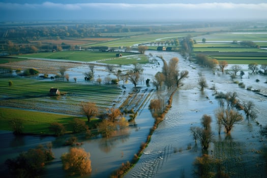 Flooded fields and farmland in the countryside photo