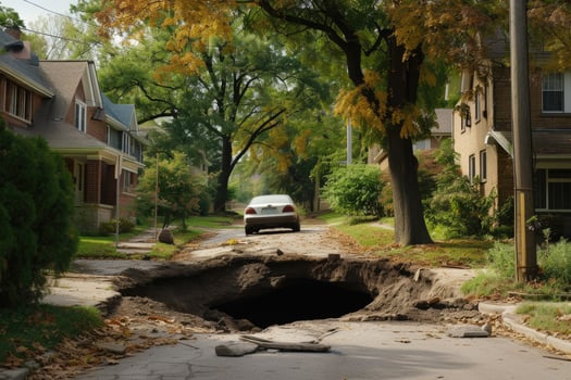 A car driving down a street with a hole in the ground photo