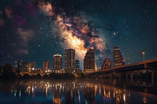 The milky shines brightly over the city skyline photo