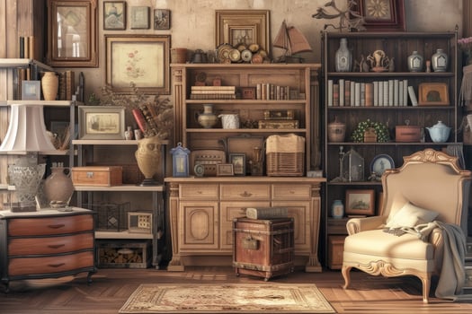 A room with a chair, a table and a cabinet photo