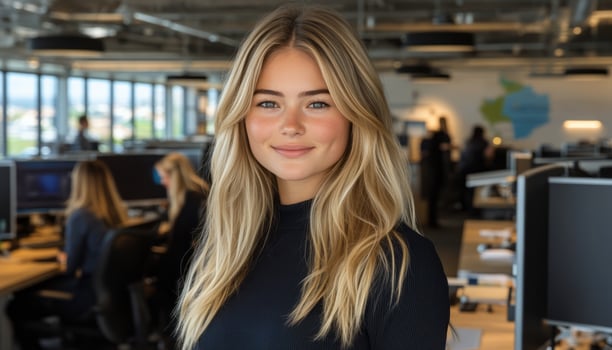 Young woman with long hair poses in a bright office filled with coworkers working photo