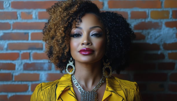 Woman exudes confidence in vibrant outfit, showcasing natural curls and striking jewelry photo