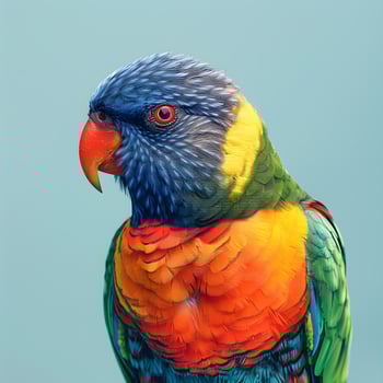 Closeup of vibrant parrot with colorful feathers against electric blue backdrop photo