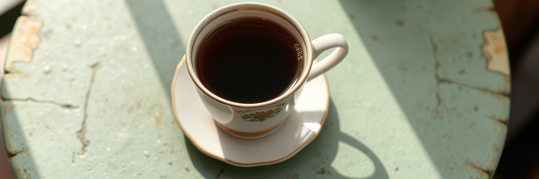 Warm cup of black coffee sits on a decorative saucer beside sunlit background in a cozy setting photo