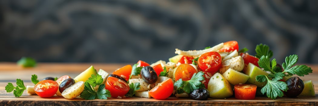 Fresh Mediterranean salad with colorful vegetables and herbs on wooden table photo