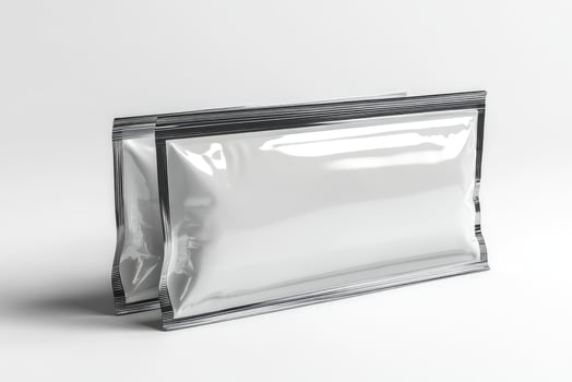 Two blank sachet packaging laying on white background photo