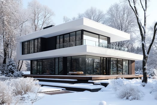 Modern white minimalist house surrounded by snow covered trees in winter photo