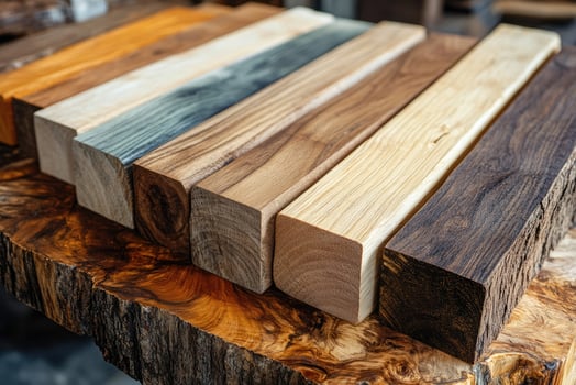Carpenter showing variety of square timber wood beams in workshop photo