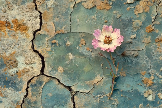 Pink and white cosmos flower growing on dry cracked soil photo