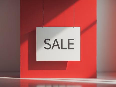 A red wall with a sale sign in front of it photo