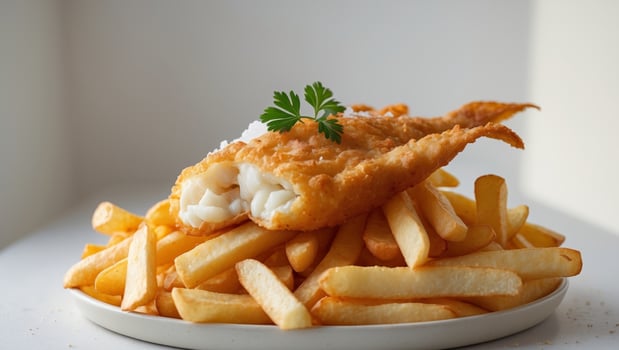 Studio Shot of Fish and Chips - Crispy and Golden Classic Dish photo