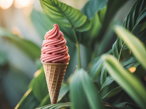 Strawberry Ice Cream Cone Amidst Lush Green Tropical Foliage photo