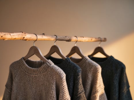 Three sweaters hang on a wooden hanger photo