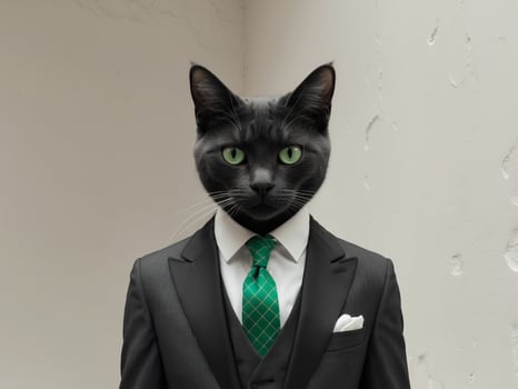 A black cat wearing a suit and green tie photo