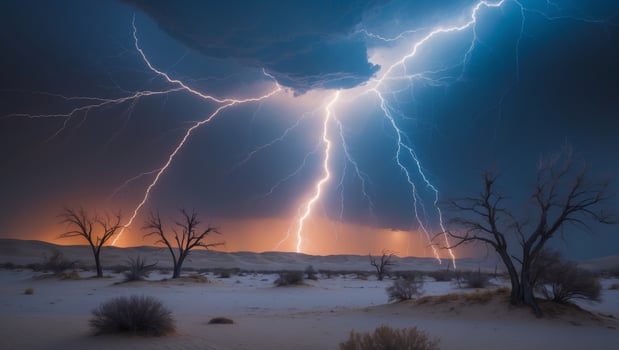 Lightning strikes over the desert in the middle of the night photo