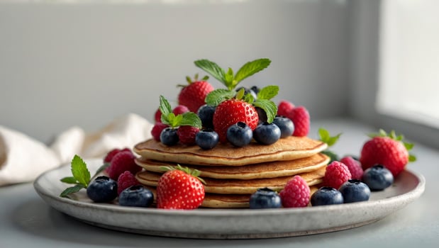 Elegant Savory Pancakes with Fresh Berries and Mint photo