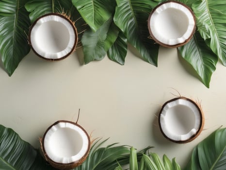 Fresh Coconut Halves Surrounded by Lush Green Leaves on Light Background Ideal for Tropical Themes photo