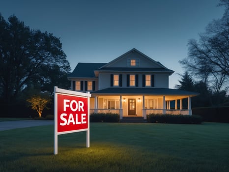 Bright red for sale sign displayed in front of an inviting suburban house during twilight hours photo