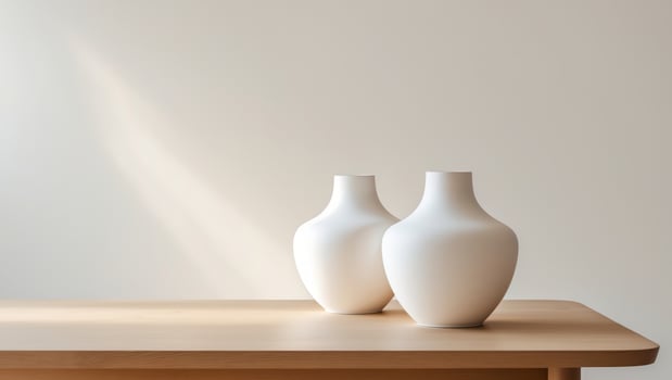 Two white vases sit on a wooden table photo