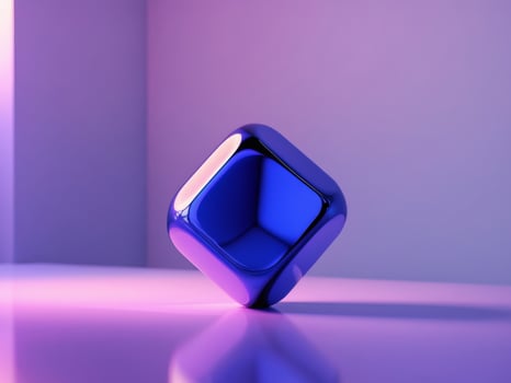 A blue cube sitting on a table with a purple light photo