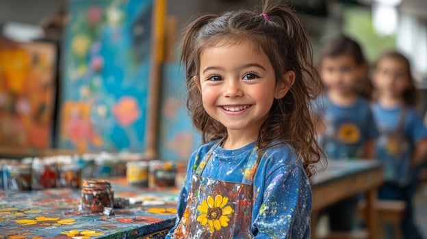 A little girl is smiling while painting in an art studio photo