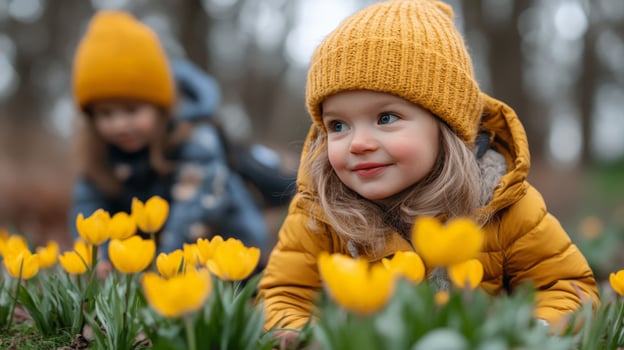 Two little girls in yellow jackets and hats in a field of yellow tulips photo