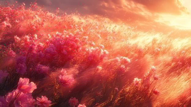 A field of pink flowers is shown in the sunset photo