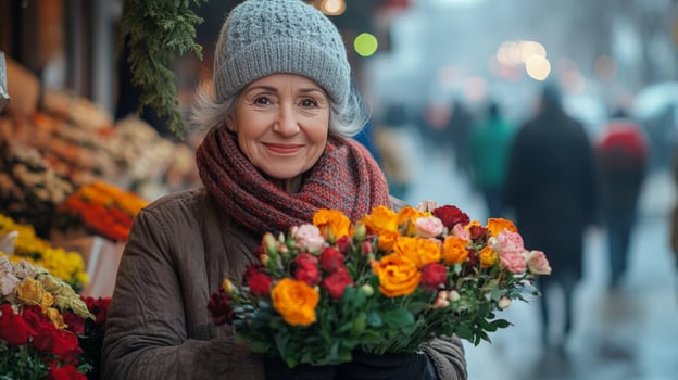 An older woman holding a bouquet of flowers photo