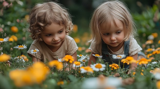 Two young children playing in a field of flowers photo