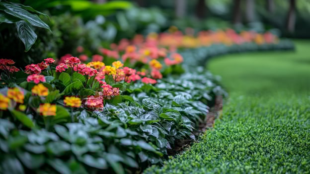 A row of colorful flowers in a lush green lawn photo