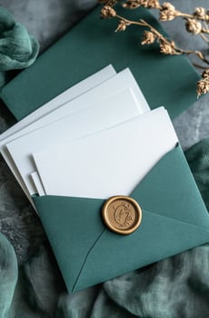 A green envelope with a wax seal on top photo