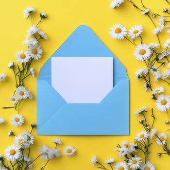 An open envelope with white paper and daisies on yellow background photo