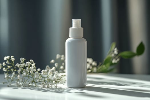 A white bottle of spray is sitting on a table with flowers photo