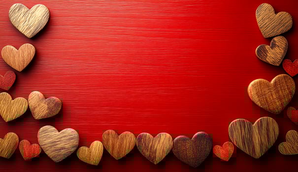 A red background with wooden hearts in a row. The hearts are of different sizes and colors. Concept of warmth and love photo