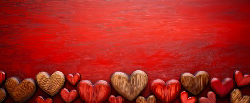 A red background with a row of wooden hearts on it. The hearts are arranged in a row and are of different sizes photo