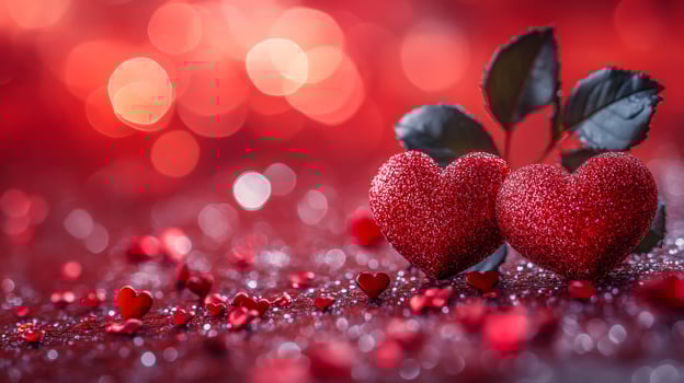 A red background with two hearts on it. The background is blurry and the hearts are shiny photo