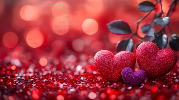 A red background with three hearts on it. The background is blurry and has a lot of sparkles photo
