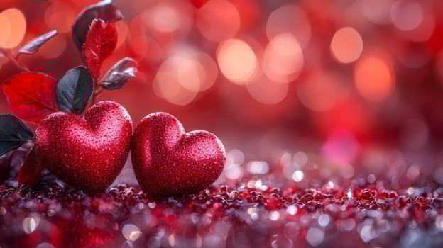 Two red hearts are placed on a red background. The background is blurry and has a red and white color scheme. The hearts are surrounded by a lot of red and white beads, giving the image a romantic photo