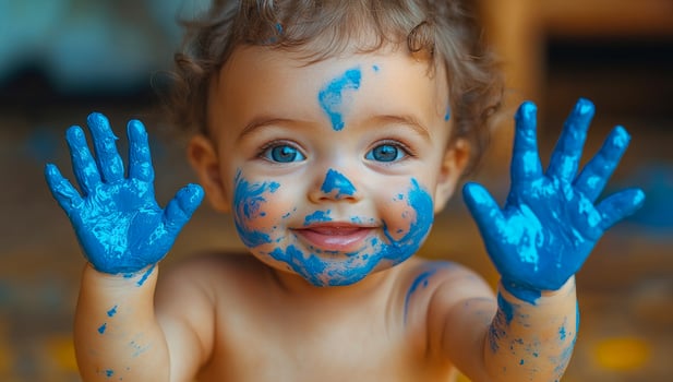 A baby with blue paint on its face and hands is smiling. The baby's hands are raised in the air, and its face is covered in blue paint. Concept of playfulness and joy photo