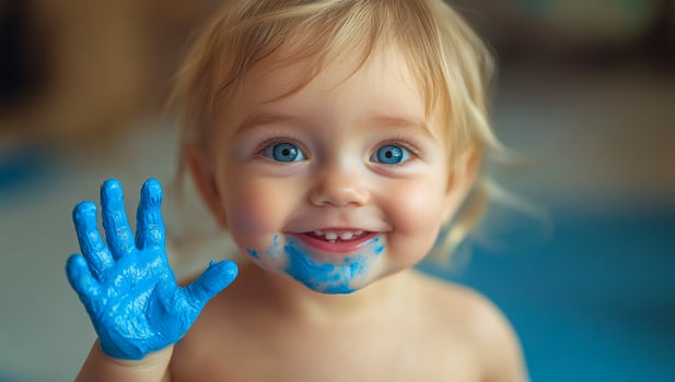A baby with blue paint on its hands and face is smiling and waving. The baby is wearing a blue shirt and is standing in front of a blue background photo