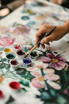Hand painting on a floral canvas with vibrant colors and watercolor paints indoors photo