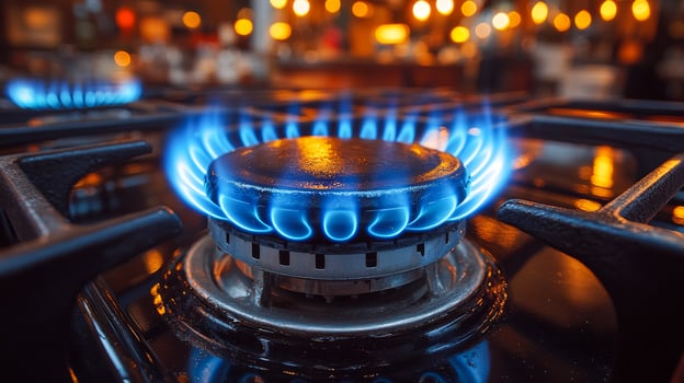 A gas stove burner is lit and the flame is blue. The stove is on a black surface photo