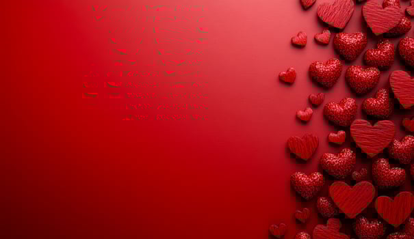 A red background with a bunch of hearts on it. The hearts are all different sizes and are scattered around the background. The image has a romantic and playful mood photo