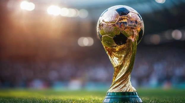 World Cup trophy shines under stadium lights during intense soccer match celebration photo