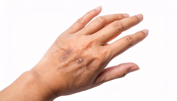 close-up of actinic keratosis on the back of the hand showing rough scaly patches with fine details for dermatological and medical reference photo
