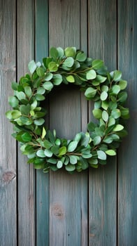 Decorative green wreath made of fresh leaves and berries on wooden background photo