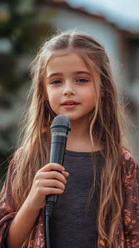 Young girl singing with microphone during an outdoor event in a vibrant setting photo