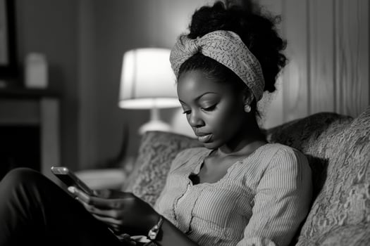 Young woman with curly hair using smartphone in a cozy indoor setting with warm lighting photo