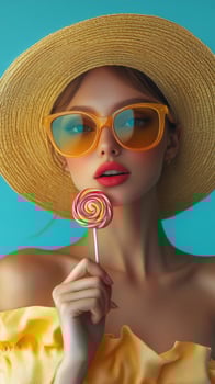 Young woman with oversized hat and sunglasses holds colorful lollipop on beach during sunny day photo
